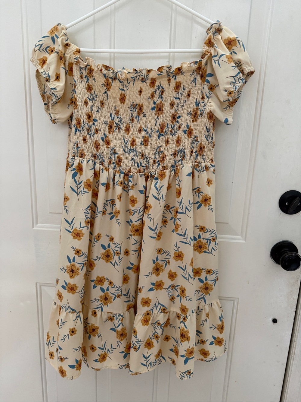 SHEIN Cream Floral Smocked Puff-Sleeve Dress with Yellow Blooms